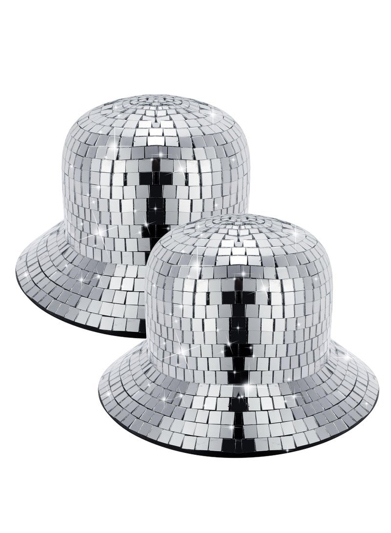 كابتن تيك Disco Ball Hat, 2 Pcs Mirrored Sequin Silver Bucket Hat Disco Cowboy Hat Fisherman Hat Glitter Party Accessory Shining Dance Ball Caps, 1970s Disco Accessories for Nightlife Party(11 x 11 x 5.96 Inch) - Image 1