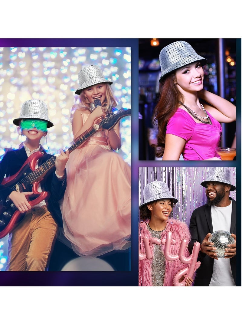 كابتن تيك Disco Ball Hat, 2 Pcs Mirrored Sequin Silver Bucket Hat Disco Cowboy Hat Fisherman Hat Glitter Party Accessory Shining Dance Ball Caps, 1970s Disco Accessories for Nightlife Party(11 x 11 x 5.96 Inch) - Image 2
