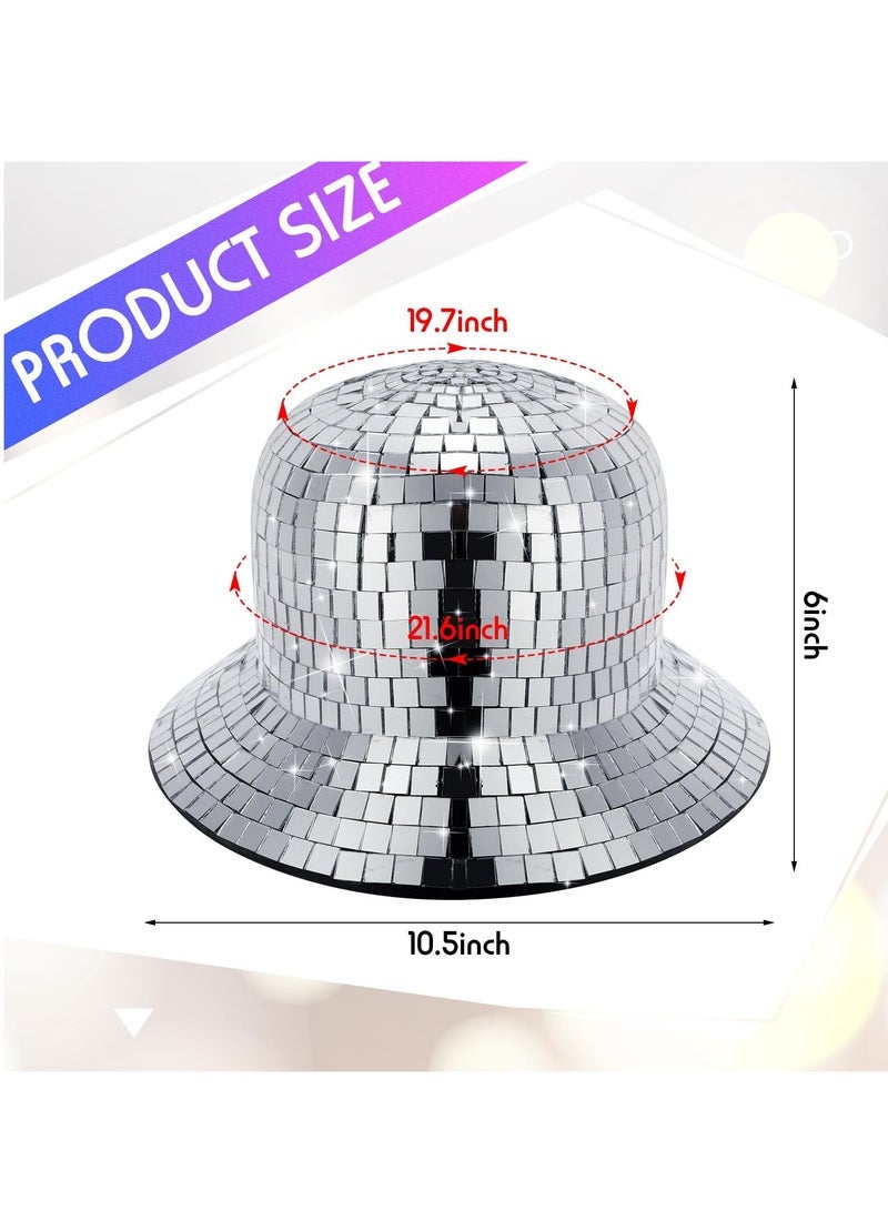 كابتن تيك Disco Ball Hat, 2 Pcs Mirrored Sequin Silver Bucket Hat Disco Cowboy Hat Fisherman Hat Glitter Party Accessory Shining Dance Ball Caps, 1970s Disco Accessories for Nightlife Party(11 x 11 x 5.96 Inch) - Image 3