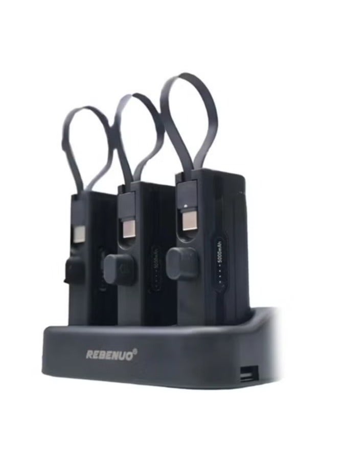 REBENUO محطة شحن باور بانك 3 في 1 – شواحن محمولة ثلاثية 5000mAh مع كابلات مدمجة من نوع Type-C وLightning، مجموعة باور بانك للشحن السريع لأجهزة iPhone وAndroid وUSB-C – قاعدة شحن مدمجة - Image 1