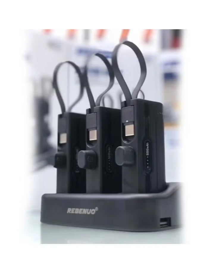 REBENUO محطة شحن باور بانك 3 في 1 – شواحن محمولة ثلاثية 5000mAh مع كابلات مدمجة من نوع Type-C وLightning، مجموعة باور بانك للشحن السريع لأجهزة iPhone وAndroid وUSB-C – قاعدة شحن مدمجة - Image 2