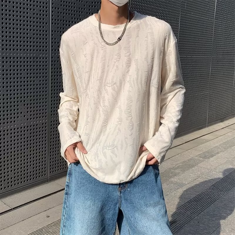 Korean Version Of Ins Niche Design Crew Neck Hole Long Sleeve Men'S And Women'S Retro Distressed Loose Top Abstinence T-Shirt Drape - Image 1