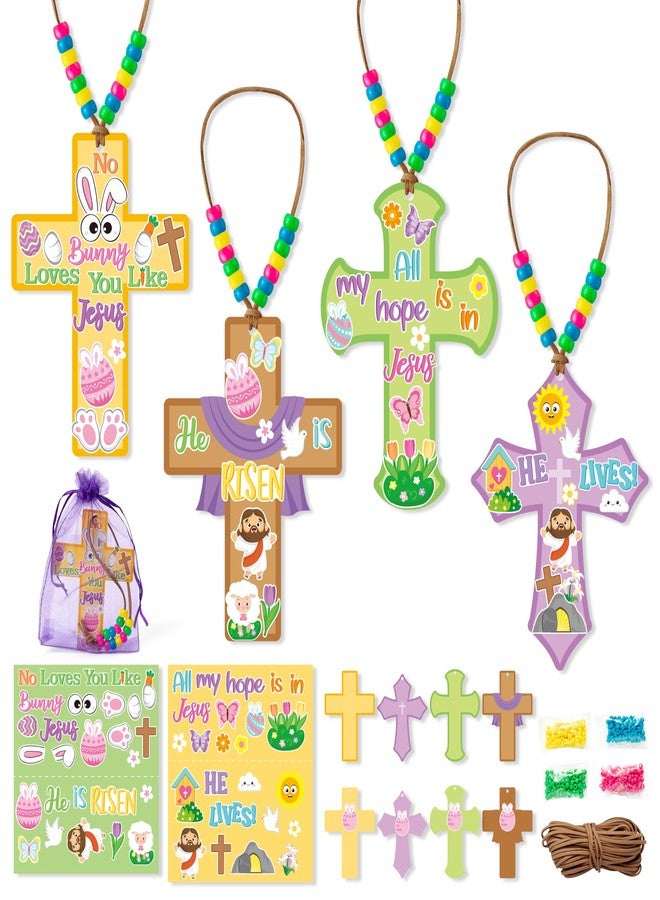 BeYumi Easter Cross Necklace Craft - 28Pcs Easter Religious Cross Necklace Craft Kit for Kids DIY He is Risen Sticker and Beads Christian Decor Sunday School Classroom Party Activities - Image 1