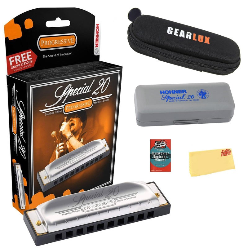 Hohner هونهير سبشال 20 هارمونيكا - مفتاح A مع حافظة، حقيبة، دليل عبر الإنترنت، وقماش تلميع أوستن بازار - Image 1