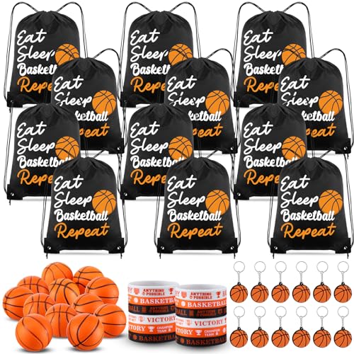 MiniInflat 48 Pcs Basketball Party Favors for Kids Include 12 Basketball Drawstring Bags 12 Keychain 12 Silicone Bracelets 12 Mini Stress Ball for Sports Supplies Decorations - Image 1