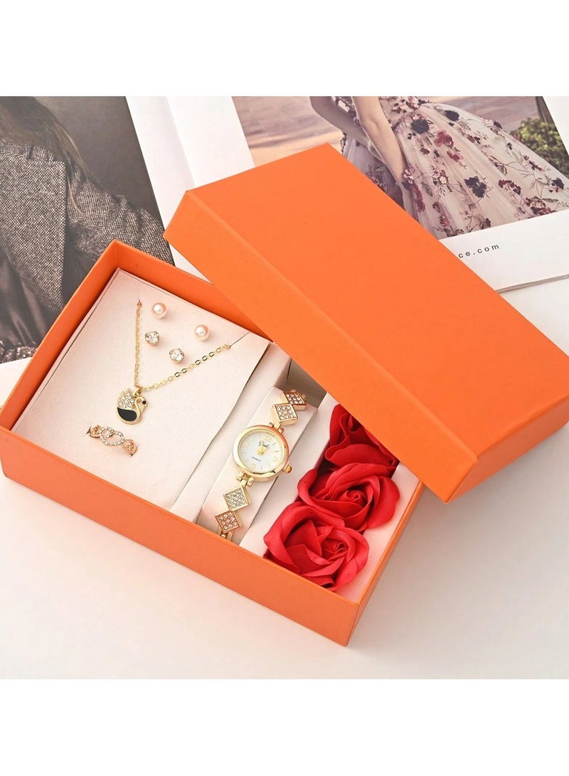 Women's accessory set consisting of 5 pieces: includes a watch, ring, necklace, and two pairs of earrings, presented in a luxurious box with artificial flowers. Perfect as a gift for anniversaries, Valentine's Day, Mother's Day, engagement parties, and birthday celebrations. - Image 1