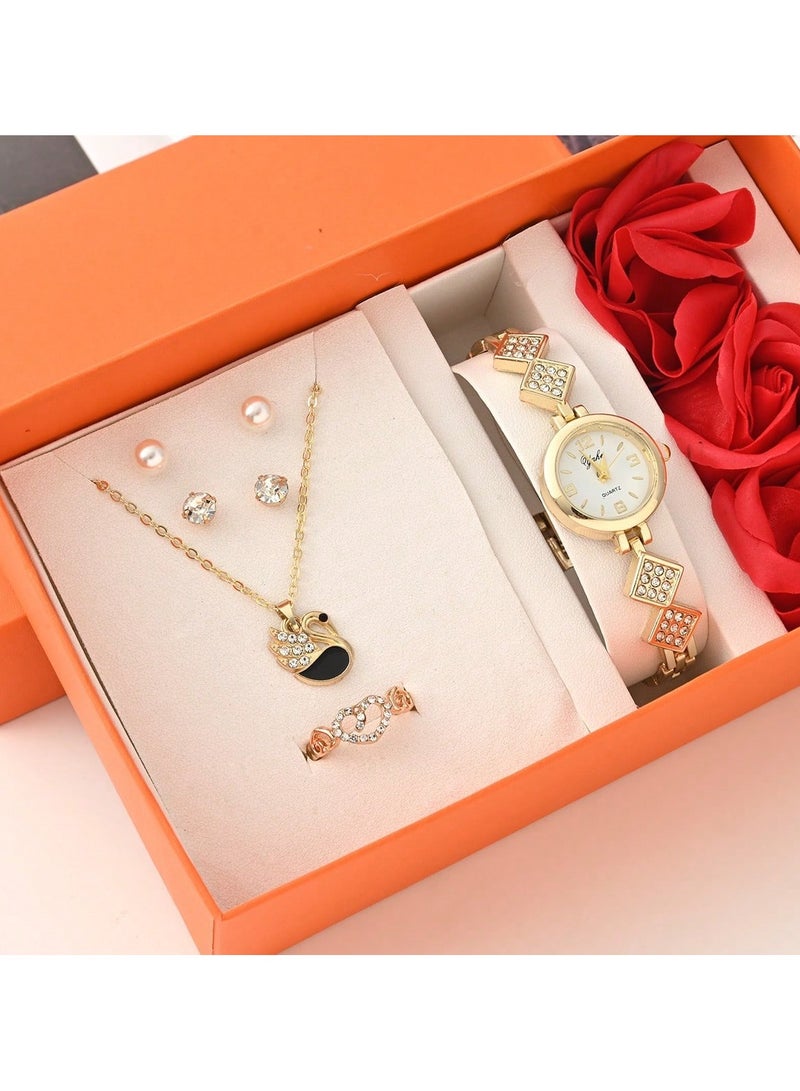 Women's accessory set consisting of 5 pieces: includes a watch, ring, necklace, and two pairs of earrings, presented in a luxurious box with artificial flowers. Perfect as a gift for anniversaries, Valentine's Day, Mother's Day, engagement parties, and birthday celebrations. - Image 2