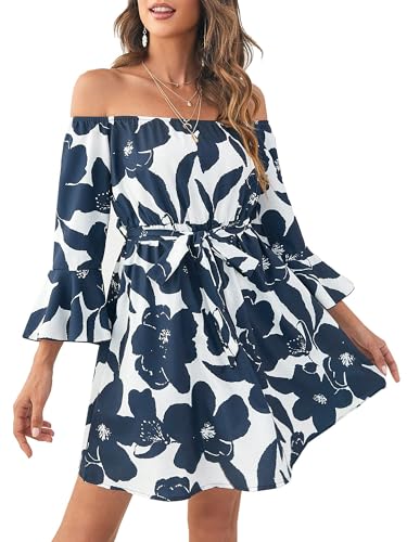 JECEIKA Womens Off Shoulder Dress Ruffle Floral Spring/Summer Wedding Guest Dresses 2024 Casual Tied Rehearsal Dinner Dress Large Blue - Image 1