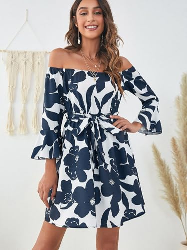 JECEIKA Womens Off Shoulder Dress Ruffle Floral Spring/Summer Wedding Guest Dresses 2024 Casual Tied Rehearsal Dinner Dress Large Blue - Image 5