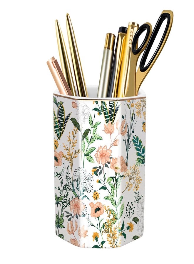 WAVEYU Cute Pen Holder for Desk, Ceramic Pencil Holder, Pen Cup Marker Holder Makeup Brush Holders, Desk Accessories & Workspace Organizers for Home, School & Office, White Flower - Image 1