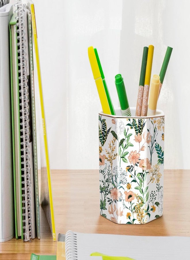 WAVEYU Cute Pen Holder for Desk, Ceramic Pencil Holder, Pen Cup Marker Holder Makeup Brush Holders, Desk Accessories & Workspace Organizers for Home, School & Office, White Flower - Image 4