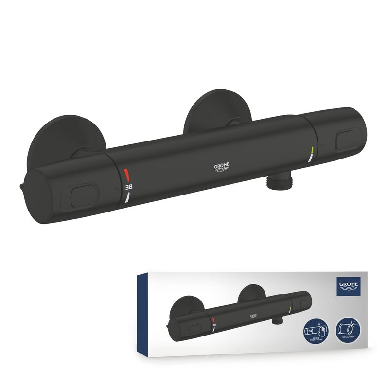 Grohe GROHE Precision Trend - Exposed Thermostatic Anti-Scald Shower Mixer (Wall-Mounted, Safety Functions, Water Saving, Cool Touch, Ergonomically Shaped Metal Handles), Matt Black. 1022172432 - Image 1