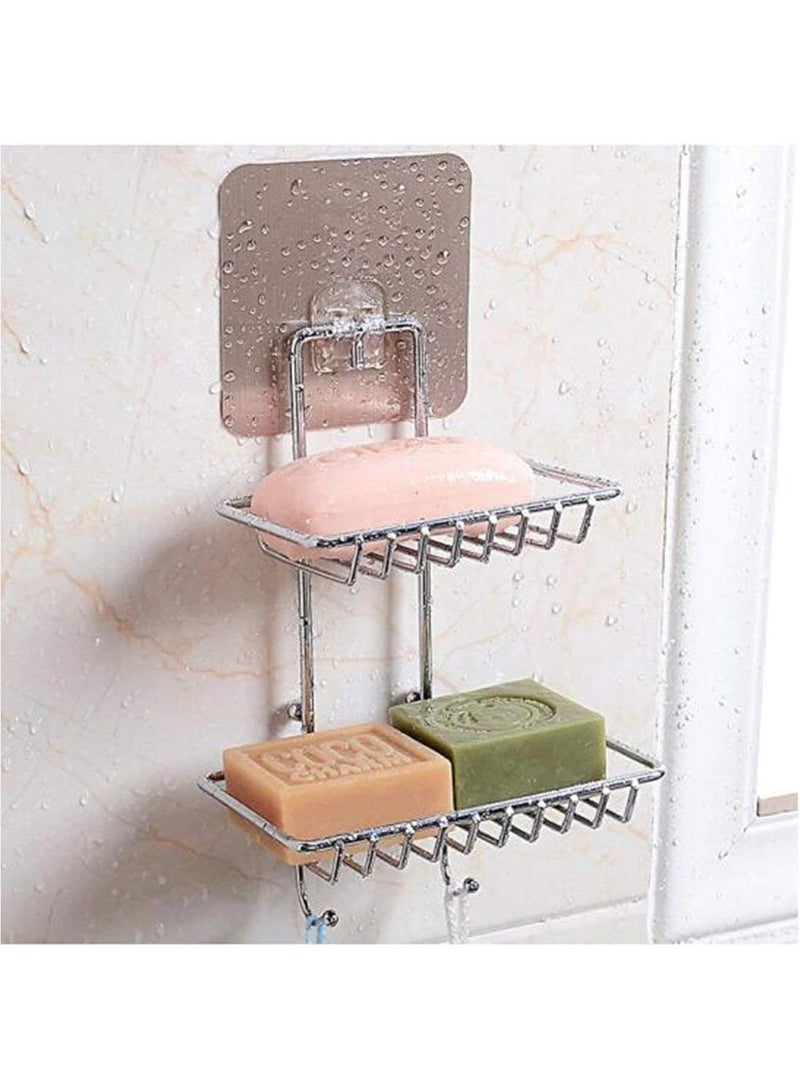 Dunekart Wall Mounted Self Adhesive Stainless Steel Double Layer soap Dish Holder Kitchen Bathroom Soaps Storage Rack for Home (Silver) - Image 1
