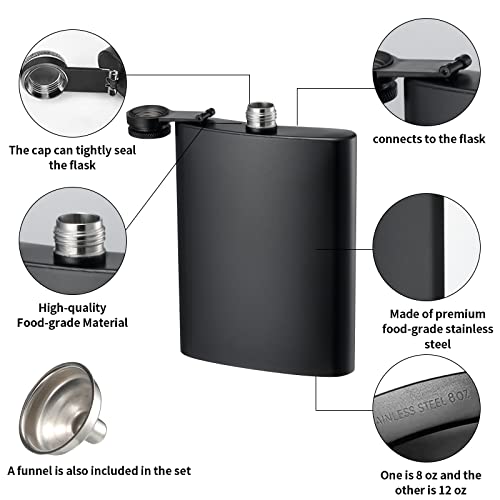 KABUDA 2 Pack Hip Flasks for Liquor, 8 Oz & 12 Oz Stainless Steel Leakproof Thin Flasks with Funnel for Men & Women (Matte Black) - Image 3