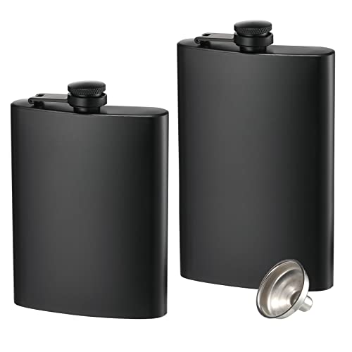 KABUDA 2 Pack Hip Flasks for Liquor, 8 Oz & 12 Oz Stainless Steel Leakproof Thin Flasks with Funnel for Men & Women (Matte Black) - Image 1