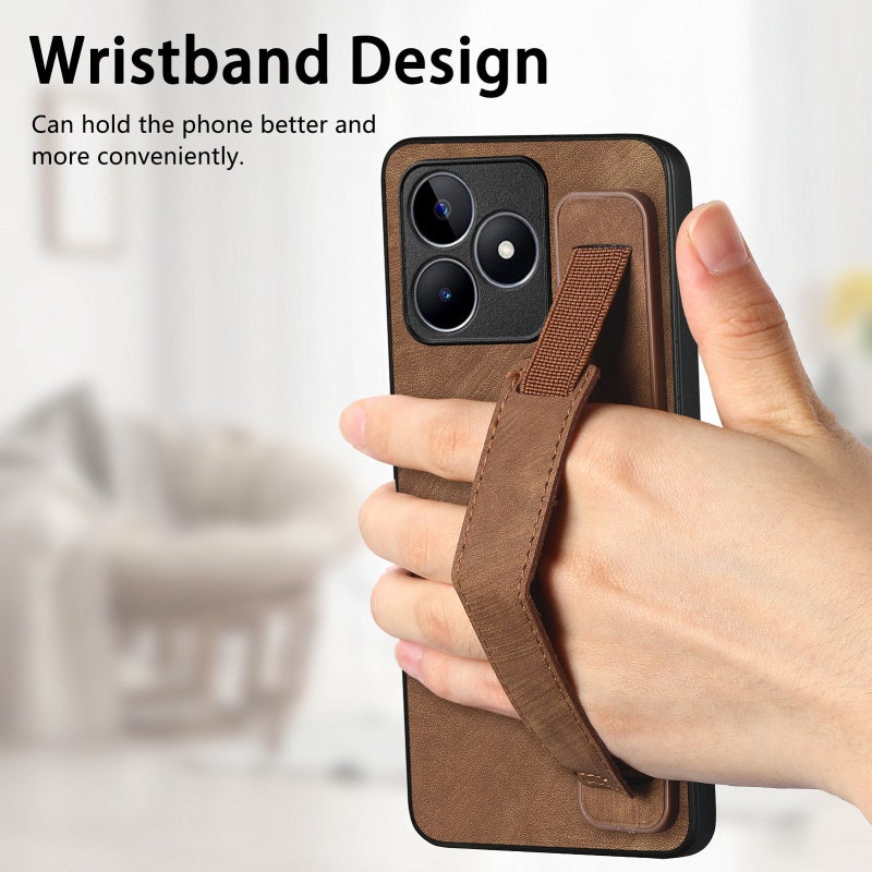 HuHa Protective Cover For Realme 9 Pro Retro Wristband Holder Leather Back Phone Case(Brown) - Image 4