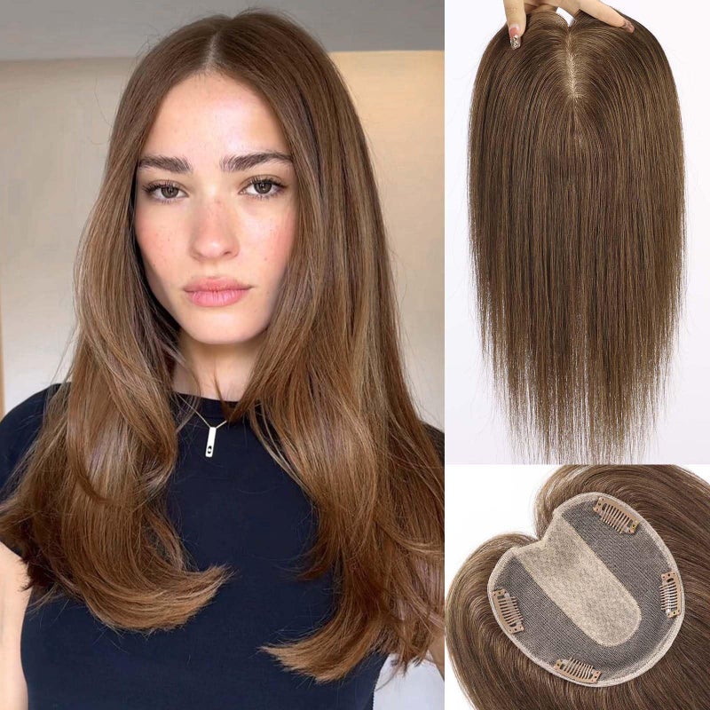starluck 5x5 inch Lage Silk Base 14 Inch Real Human Hair Toppers for Women60 Gram High volume 100 Real Human Hair Toppers for Women with thinning hair hair lossBrown no Bangs