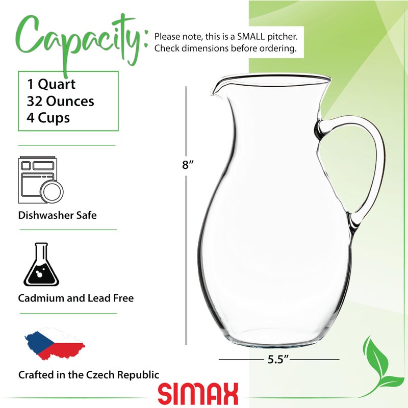 Simax Glass Pitcher With Spout, SMALL 1 Quart Borosilicate Glass Pitchers With Handle,Glass, Cocktail Pitcher, Margarita, Sangria, Beverage Pitchers - Image 2