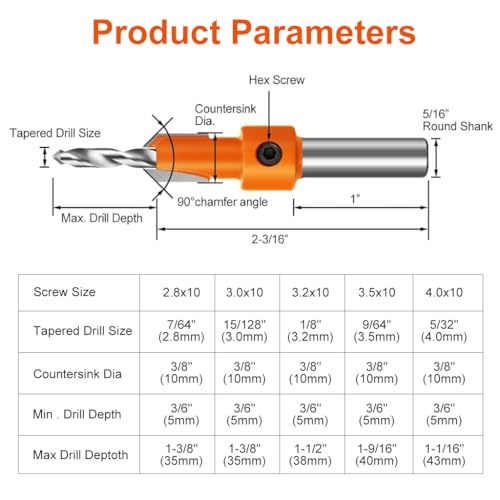 Serplex® 10Pcs Wood Countersink Drill Bit Set, 5Pcs Countersink Drill Bit with 5Pcs Extra Pilot Drilling Bits with 5/16" Round Shank, Counter Sinker Drilling Bits Set for Woodworking - Image 3