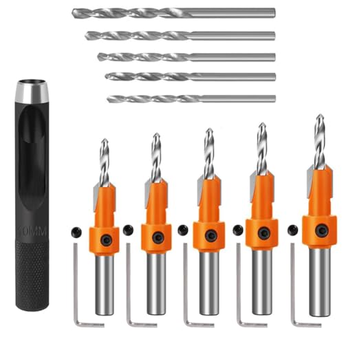 Serplex® 10Pcs Wood Countersink Drill Bit Set, 5Pcs Countersink Drill Bit with 5Pcs Extra Pilot Drilling Bits with 5/16" Round Shank, Counter Sinker Drilling Bits Set for Woodworking - Image 1