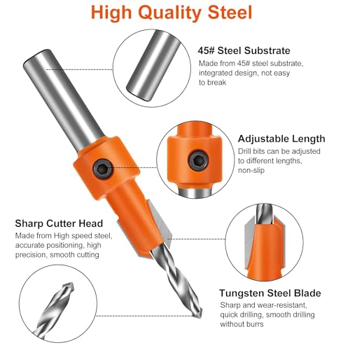 Serplex® 10Pcs Wood Countersink Drill Bit Set, 5Pcs Countersink Drill Bit with 5Pcs Extra Pilot Drilling Bits with 5/16" Round Shank, Counter Sinker Drilling Bits Set for Woodworking - Image 2