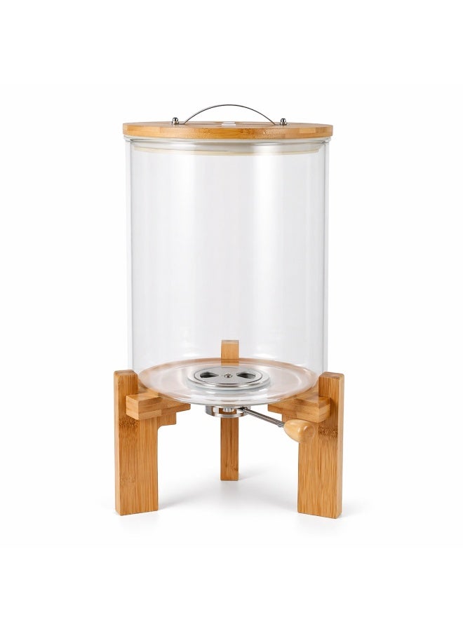 Honey Bee 8L Glass Rice Dispenser with Bamboo Lid & Wooden Stand, Airtight Grain Storage Container with Bottom Valve & Measuring Cup for Rice, Flour, Cereal, Kitchen Organizer 28x18x34cm - Image 1