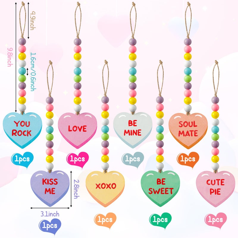 WATINC 8pcs Valentine's Day Wooden Bead Conversation Heart Garland  Sweet Love Wood Hanging Ornament  Double-sided Romantic Heart Pendant Hang Decor with Rope for Happy Valentine Party Tree Wall Decor - Image 2