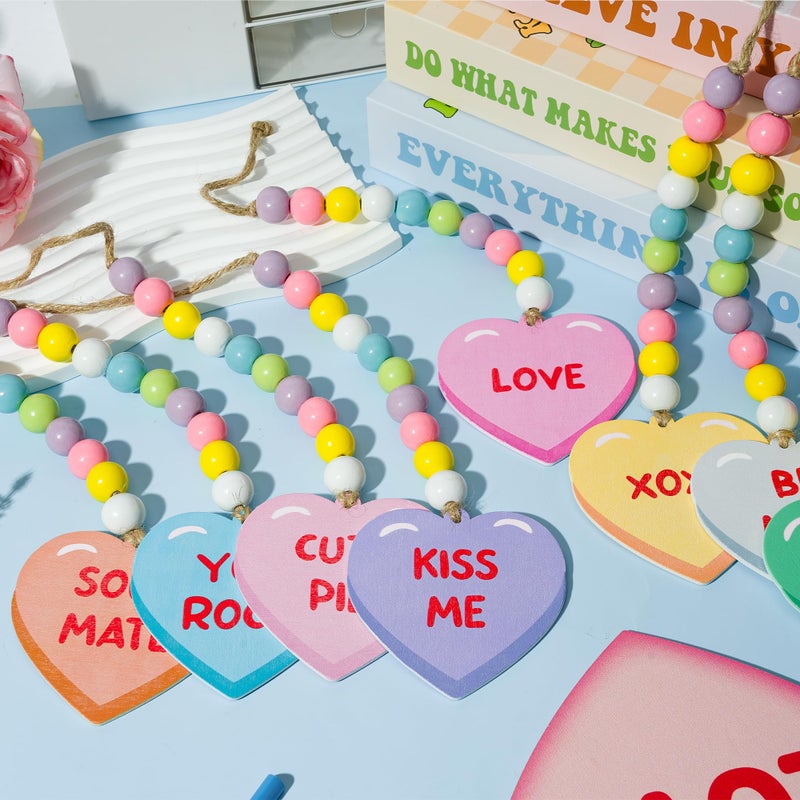 WATINC 8pcs Valentine's Day Wooden Bead Conversation Heart Garland  Sweet Love Wood Hanging Ornament  Double-sided Romantic Heart Pendant Hang Decor with Rope for Happy Valentine Party Tree Wall Decor - Image 4