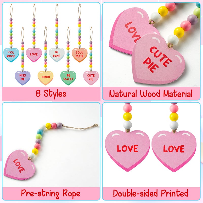 WATINC 8pcs Valentine's Day Wooden Bead Conversation Heart Garland  Sweet Love Wood Hanging Ornament  Double-sided Romantic Heart Pendant Hang Decor with Rope for Happy Valentine Party Tree Wall Decor - Image 3