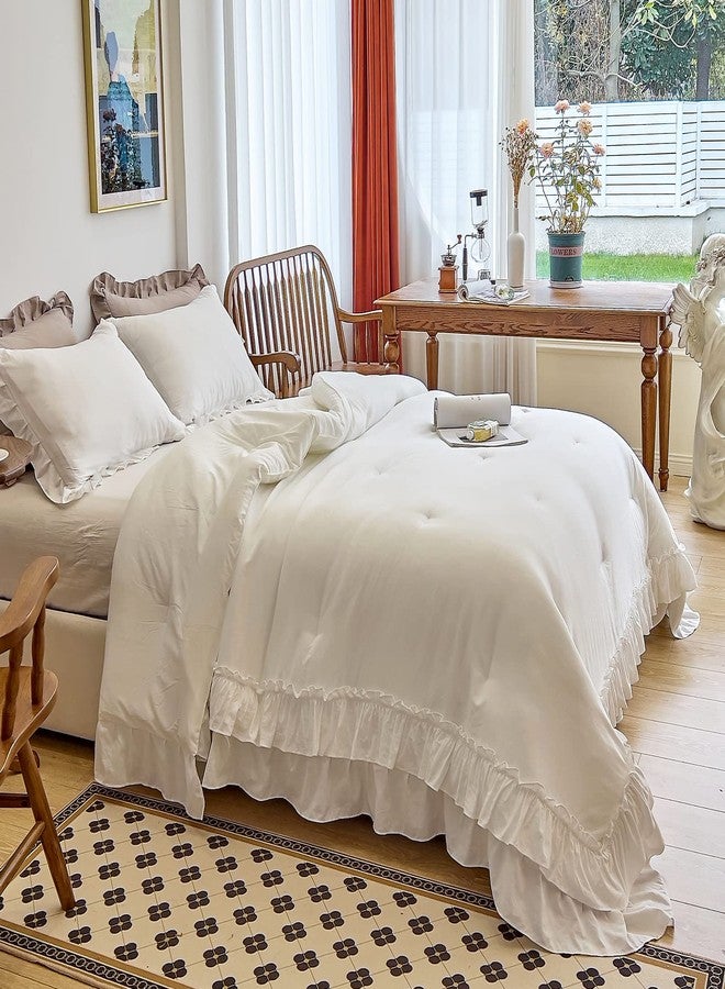 AIKASY White Comforters Queen Size Set, Vintage Boho Chic Farmhouse Bedding Sets Shabby Ruffle Queen Bed Comforter Bedding 3PCS（1 Comforter and 2 Pillowcases） - Image 2