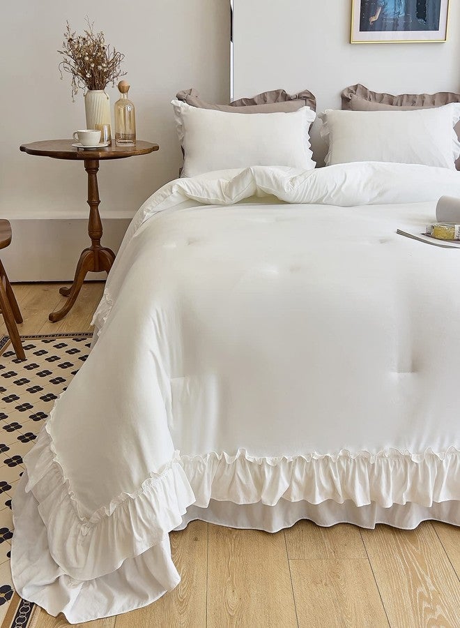 AIKASY White Comforters Queen Size Set, Vintage Boho Chic Farmhouse Bedding Sets Shabby Ruffle Queen Bed Comforter Bedding 3PCS（1 Comforter and 2 Pillowcases） - Image 3