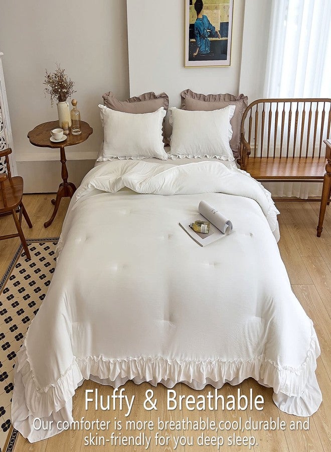 AIKASY White Comforters Queen Size Set, Vintage Boho Chic Farmhouse Bedding Sets Shabby Ruffle Queen Bed Comforter Bedding 3PCS（1 Comforter and 2 Pillowcases） - Image 5