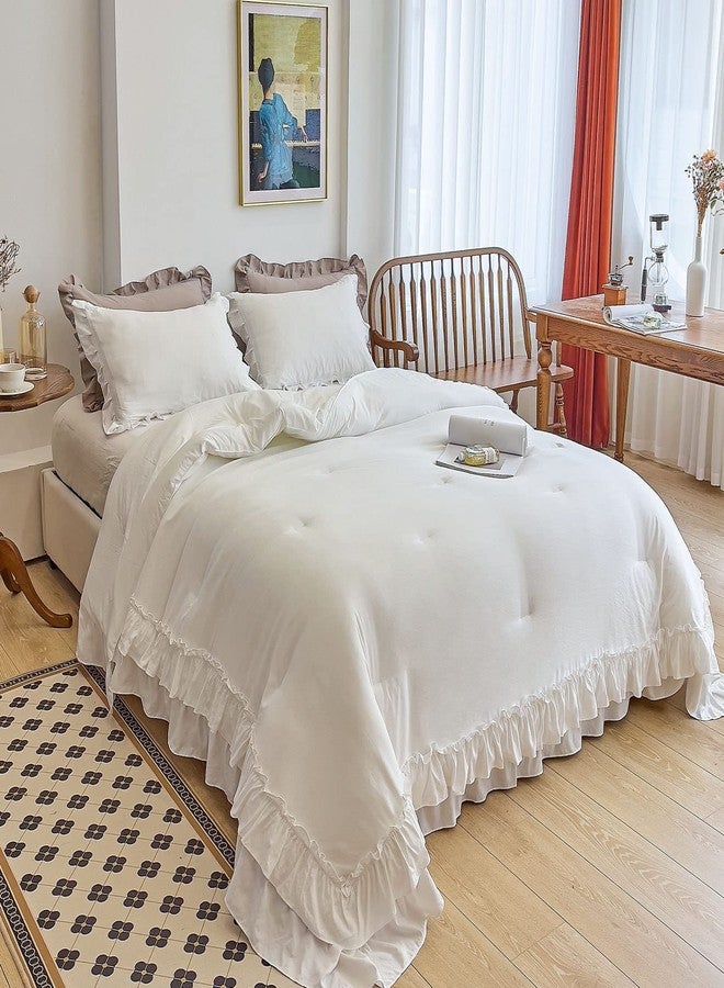 AIKASY White Comforters Queen Size Set, Vintage Boho Chic Farmhouse Bedding Sets Shabby Ruffle Queen Bed Comforter Bedding 3PCS（1 Comforter and 2 Pillowcases） - Image 4