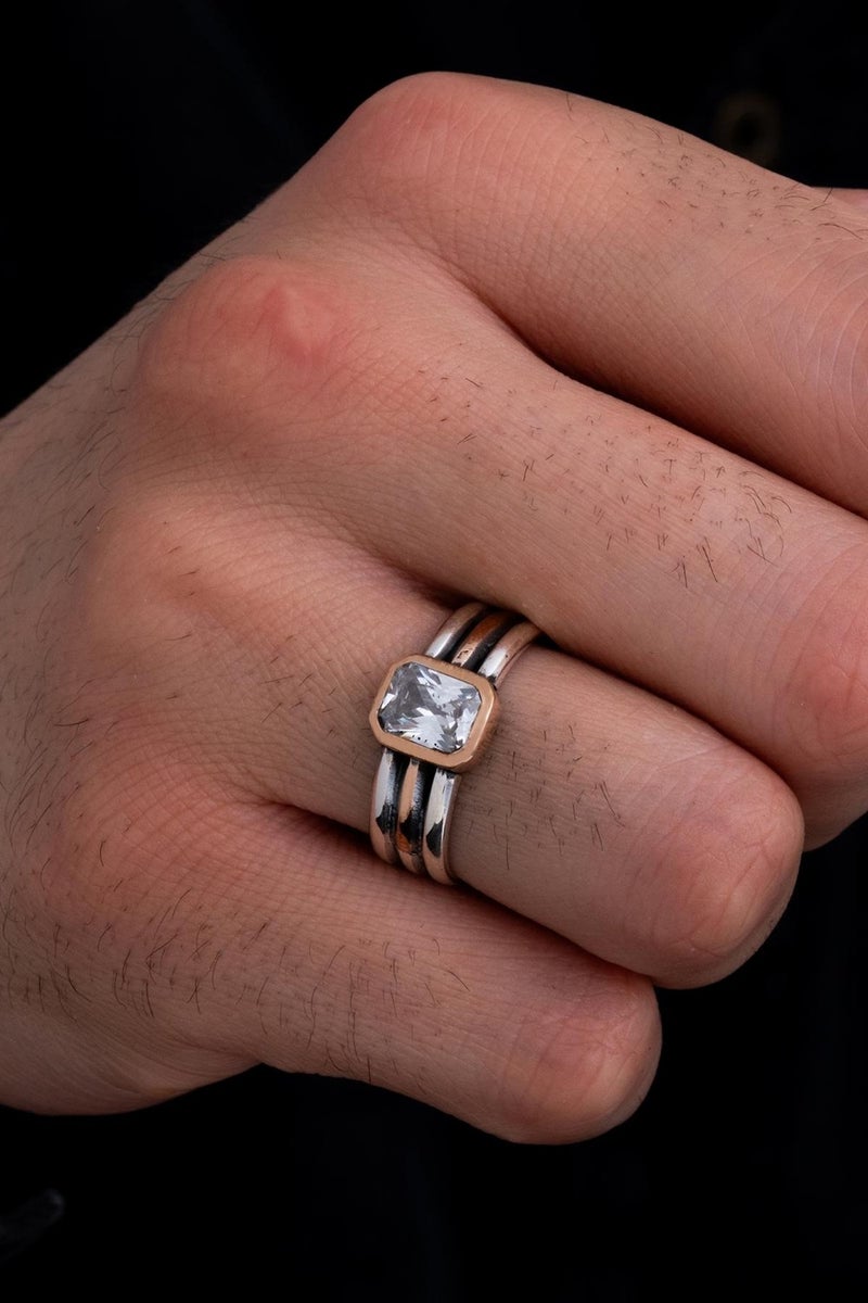 Men's Silver Ring - White Zircon Stone Thin Gentle Men's Ring