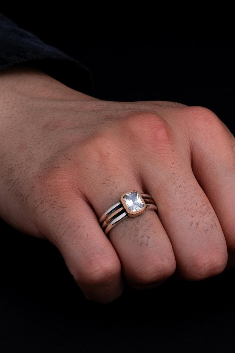 Men's Silver Ring - White Zircon Stone Thin Gentle Men's Ring