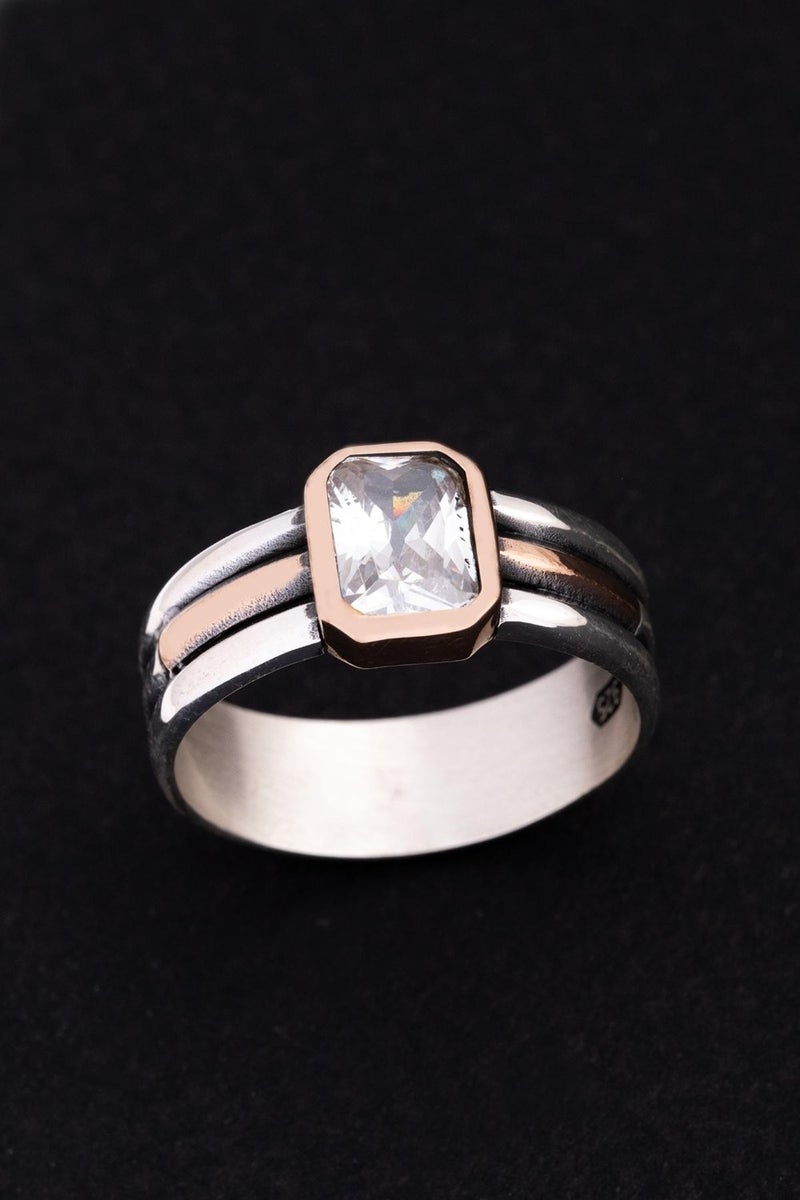 Men's Silver Ring - White Zircon Stone Thin Gentle Men's Ring