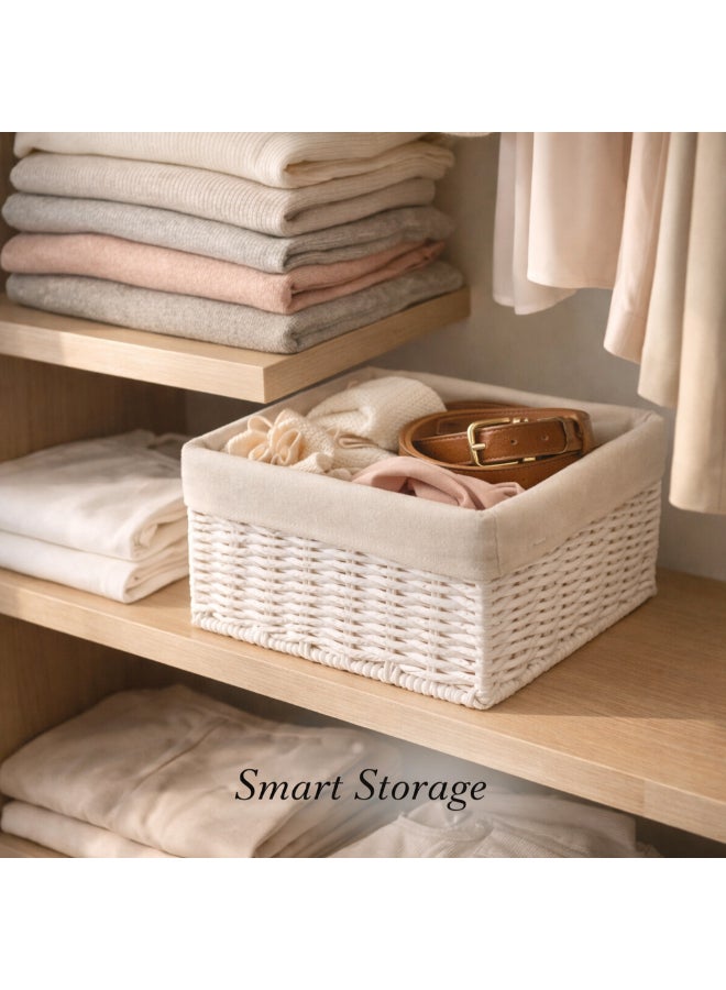 Homesmiths Hand-Woven Paper Rope Storage Basket – L 20 x B 20 x H 10 cm, with Removable Linen Liner & Sturdy Metal Frame, White, Woven Organizer Bin for Living Room, Bedroom, Bathroom, Closet & Home Storage - Image 4