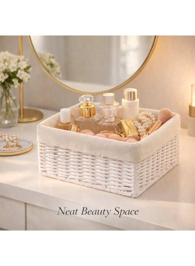 Homesmiths Hand-Woven Paper Rope Storage Basket – L 20 x B 20 x H 10 cm, with Removable Linen Liner & Sturdy Metal Frame, White, Woven Organizer Bin for Living Room, Bedroom, Bathroom, Closet & Home Storage - Image 5