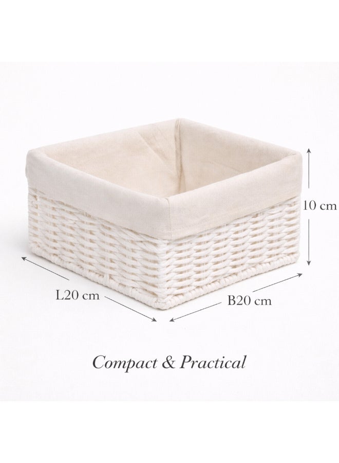 Homesmiths Hand-Woven Paper Rope Storage Basket – L 20 x B 20 x H 10 cm, with Removable Linen Liner & Sturdy Metal Frame, White, Woven Organizer Bin for Living Room, Bedroom, Bathroom, Closet & Home Storage - Image 2