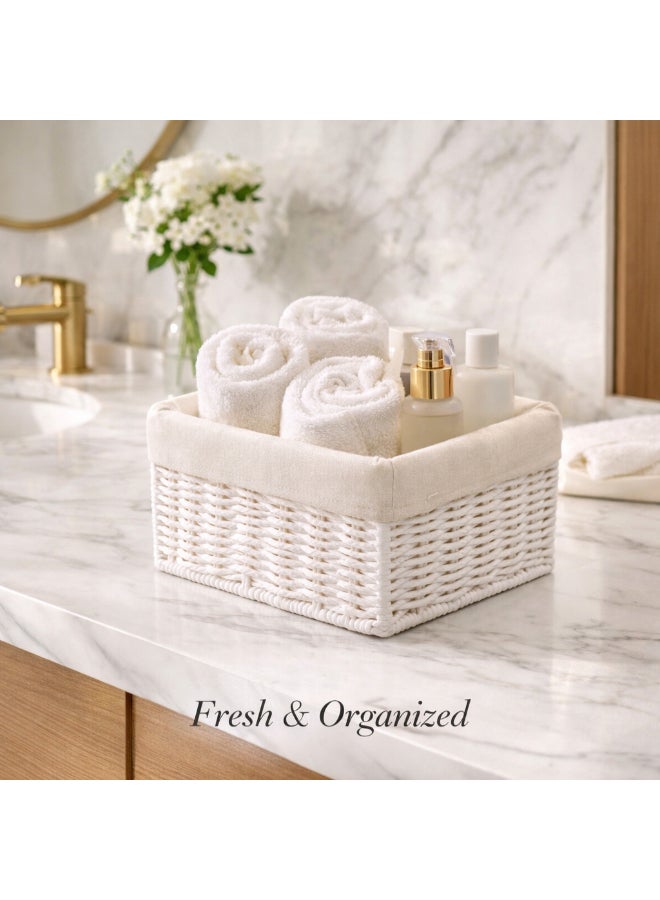 Homesmiths Hand-Woven Paper Rope Storage Basket – L 20 x B 20 x H 10 cm, with Removable Linen Liner & Sturdy Metal Frame, White, Woven Organizer Bin for Living Room, Bedroom, Bathroom, Closet & Home Storage - Image 3