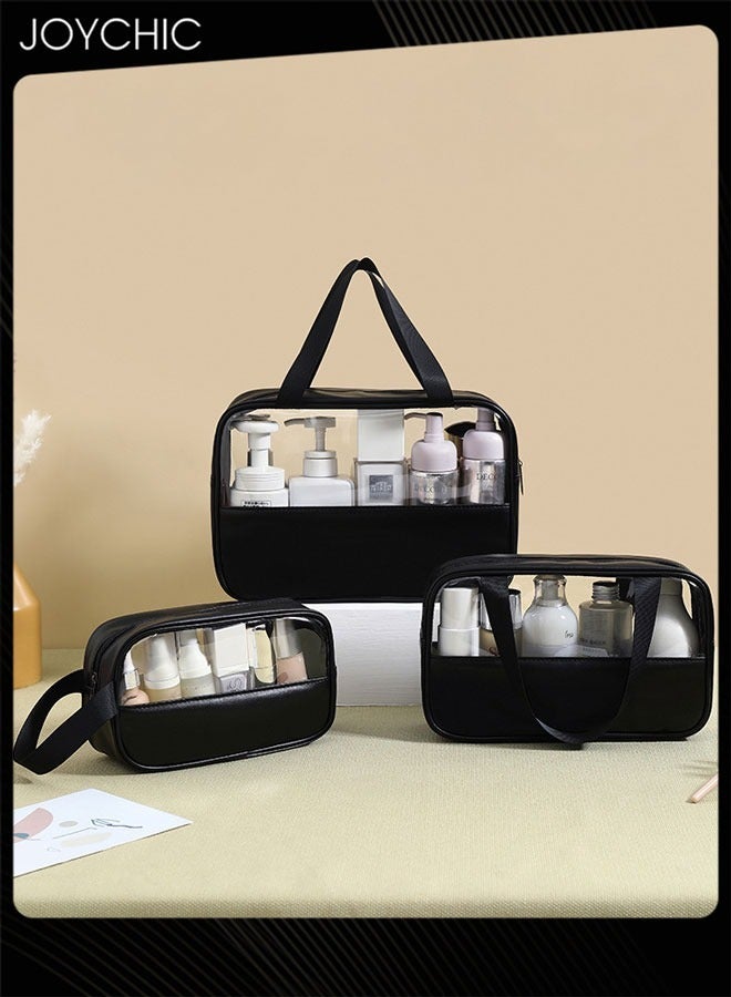 Joychic 3-piece Women Men Spliced Transparent Bathroom Cosmetic Bag PVC Toiletry Bag PU Waterproof Handbag Large Capacity Travel and Business Trip Portable Storage Bag Black  - Image 1