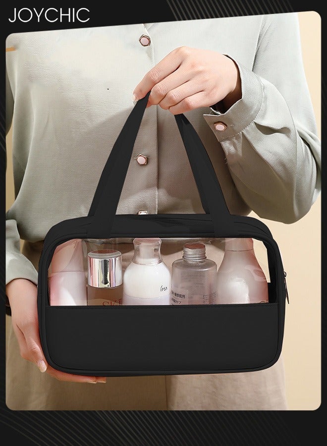Joychic 3-piece Women Men Spliced Transparent Bathroom Cosmetic Bag PVC Toiletry Bag PU Waterproof Handbag Large Capacity Travel and Business Trip Portable Storage Bag Black  - Image 2