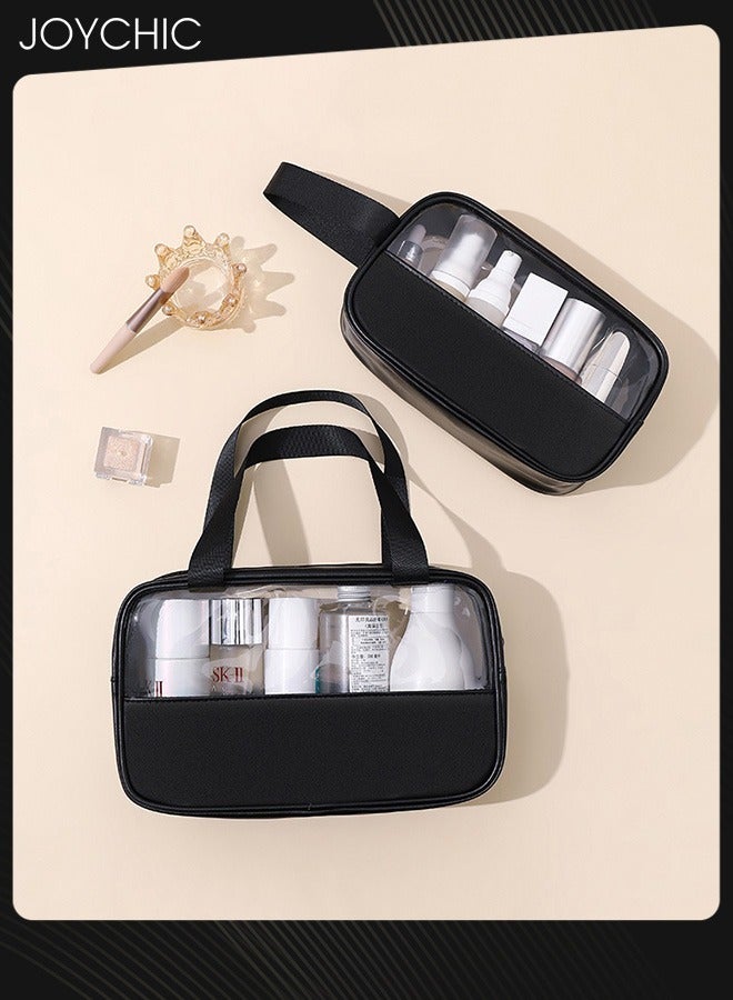 Joychic 3-piece Women Men Spliced Transparent Bathroom Cosmetic Bag PVC Toiletry Bag PU Waterproof Handbag Large Capacity Travel and Business Trip Portable Storage Bag Black  - Image 4