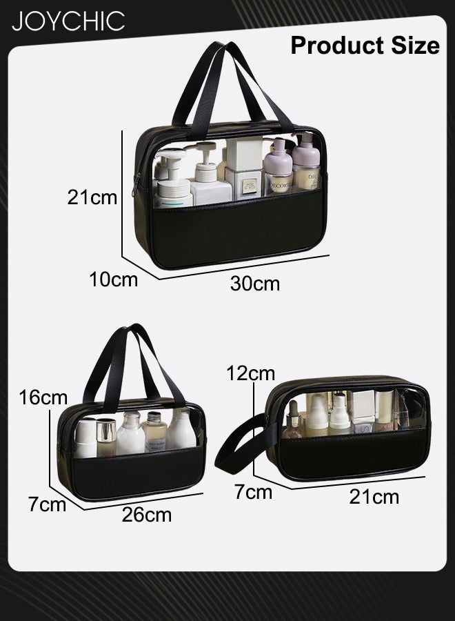 Joychic 3-piece Women Men Spliced Transparent Bathroom Cosmetic Bag PVC Toiletry Bag PU Waterproof Handbag Large Capacity Travel and Business Trip Portable Storage Bag Black  - Image 5