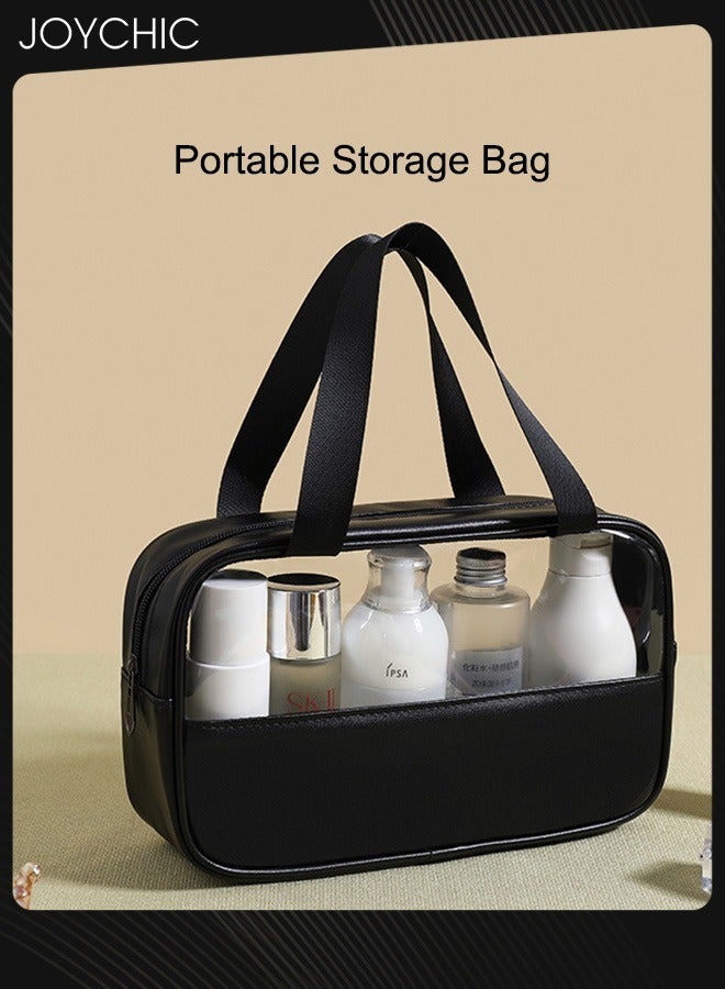 Joychic 3-piece Women Men Spliced Transparent Bathroom Cosmetic Bag PVC Toiletry Bag PU Waterproof Handbag Large Capacity Travel and Business Trip Portable Storage Bag Black  - Image 3