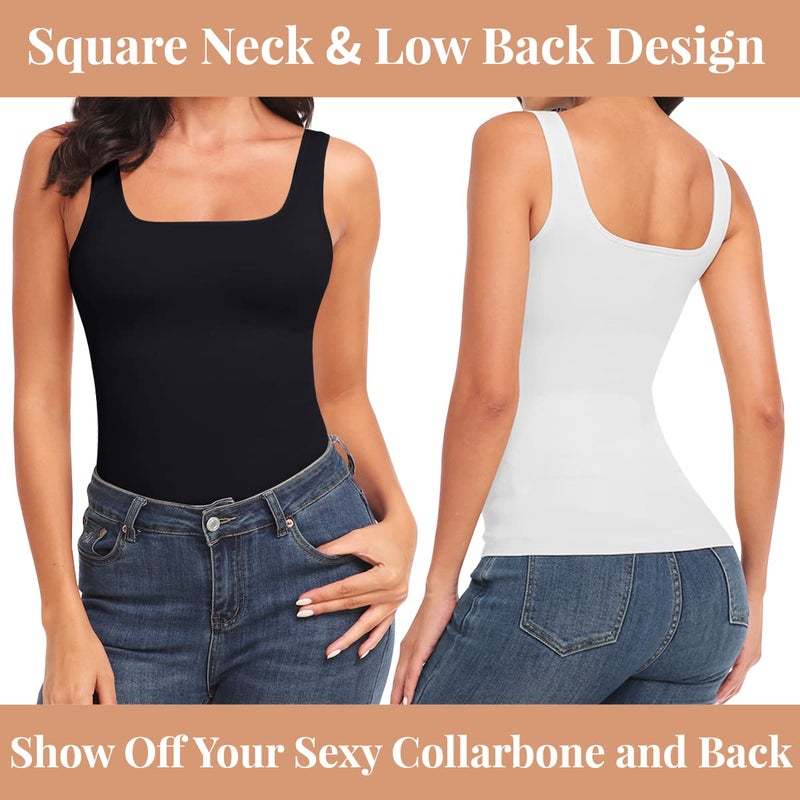 EUYZOU Women's Tummy Control Shapewear Tank Tops Seamless Square Neck Compression Tops Slimming Body Shaper Camisole-Black S - Image 5