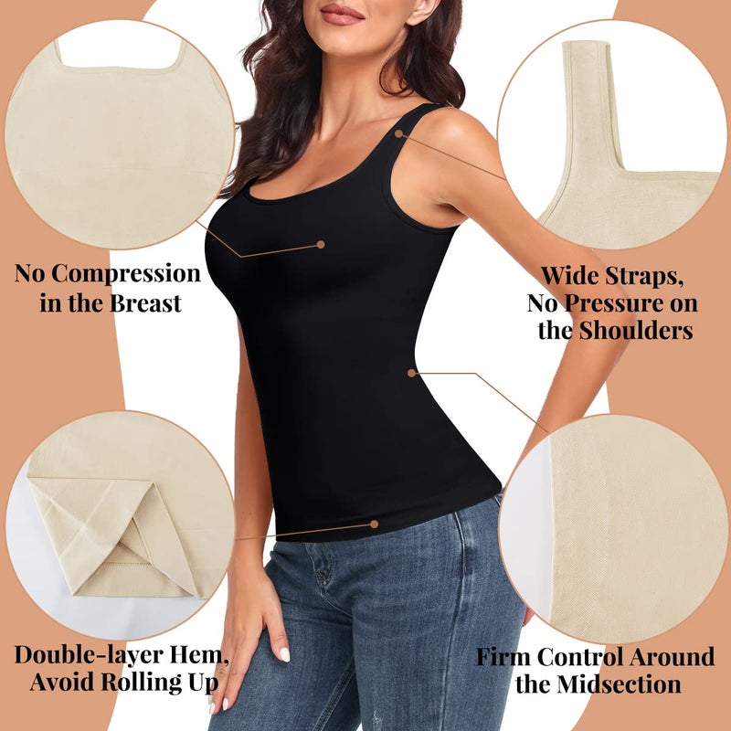 EUYZOU Women's Tummy Control Shapewear Tank Tops Seamless Square Neck Compression Tops Slimming Body Shaper Camisole-Black S - Image 4