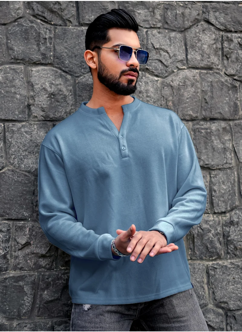 Maniac Maniac Mens Solid Henley Neck Full Sleeve Half Button Light Blue Coarse knit Sweatshirt