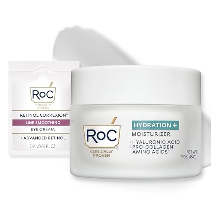 RoC Hydration+ Hyaluronic Acid Moisturizer Face Cream Fragrance Free Sensitive Face Moisturizer with Collagen Proteins 1.7 Ounces with Retinol Eye Cream Packette - Image 1