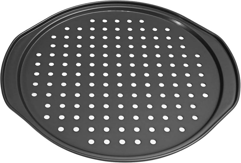13 in Cooking Pan with Handles for Cakes and Pizza, Perforated Non-Stick Carbon Steel Baking Pizza Pan for Oven - Image 1